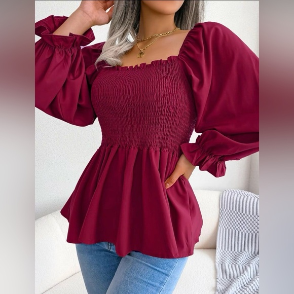 A26 Square Neck Smocked Blouse Flounced Long Sleeve Maroon Puff Sleeve sz Small - Picture 4 of 15